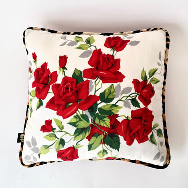 Throw Pillow Toss Pillow Decorative Pillow Red Roses Green Leaves Vintage Fabric 