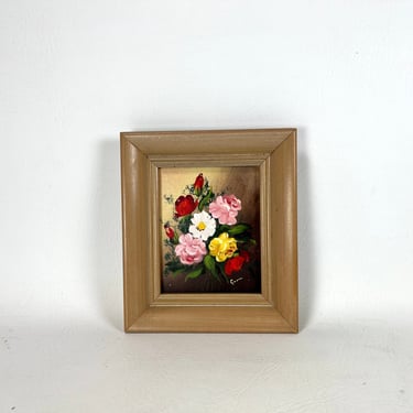 Bouquet of Roses Original Signed Painting Small Wood Framed Floral Still-Life Vintage Botanical Wall Art Pink White Yellow Red Flowers 