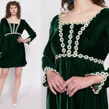 60s Green Velvet Daisy Trim Mini Dress - Medium | Vintage Square Neck Long Sleeve Party Dress 
