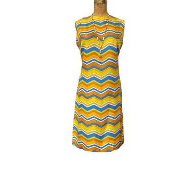 1960s shift dress, zig zag chevron print, vintage 60s dress, yellow and blue, sleeve dress, op art, mod style, tabak, 38 bust 