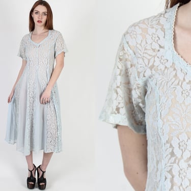 Vintage 90s Grunge Baby Blue Lace Dress, 1990s V Neck Sheer See Through Dress, Goth Floral Womens A Line Midi 