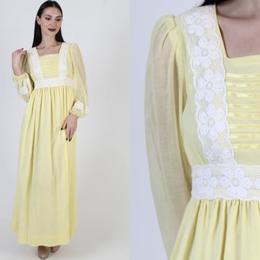 Yellow Prairie Wedding Dress, 70s Sheer Floral Lace, Simple Bridesmaids Gown, Boho Lawn Maxi 