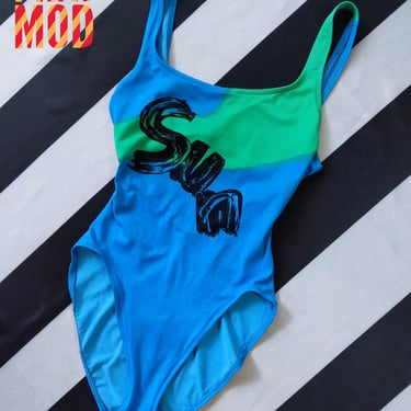 Rad Vintage 80s 90s Blue & Green SUN One-Piece Swimsuit with High-Cut Legs 