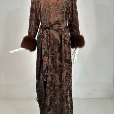 Victor Costa Amber & Brown Cut Velvet Evening Gown W/ Sable Cuffs 1990s 12