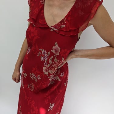 90s Red Floral Silk Dress