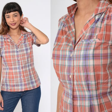 80s Plaid Blouse Button up Shirt Puff Sleeve Top Retro Preppy Collared Checkered Print Summer Orange Purple White Vintage 1980s Condor Small 