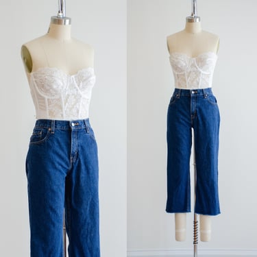 high waisted jeans 90s vintage Levi's 505 cut off cropped straight leg jeans 