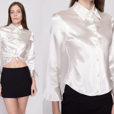 XXS 90s White Satin Dagger Collar Blouse | Vintage Button Up Ruffle Sleeve Shirt 