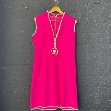 Hot Pink Knit Deep V 60s Dress  / Med - Lg