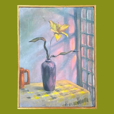 Vintage Still Life Painting 1990s Retro Size 17x13 Contemporary + Acrylic Stretched Canvas + Dining Table + Yellow Flower in Vase + Wall Art 