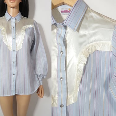 Vintage 80s Frilly Satin Bib Pearl Snap Western Blouse Size L 