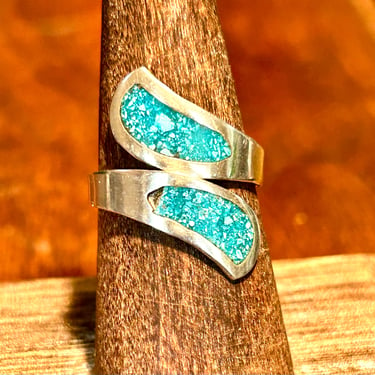 Vintage Sterling Silver Wrap Ring Inlaid Turquoise Chip 925 Signed Alpaca Mexico Retro 1970s Jewelry Gift 