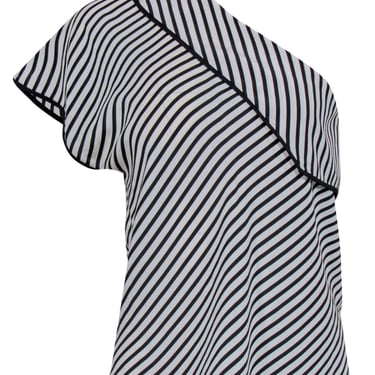 Diane von Furstenberg - White & Black Striped One-Shoulder Ruffle Silk Top Sz 4