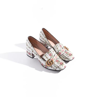 GUCCI White Floral Heeled Loafers (Sz. 38.5)