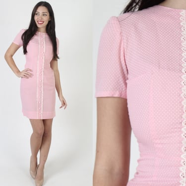 60s Pink Swiss Dot Dress / Vintage Form Fitting Pencil Frock / Cupcake Bridal Day Party Mini Outfit 