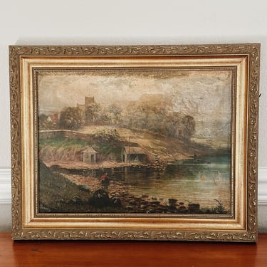 Original Antique Oil Painting, Moody River Landscape by Grant c.1891 