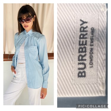BURBERRY Sky Blue Crisp Button Down Blouse Shirt Top so chic S M 