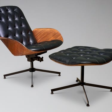 Restored Plycraft Mrs. Chair and Ottoman by George Mulhauser - Mid Century Modern Bent Wood Walnut Lounge Chair Set 