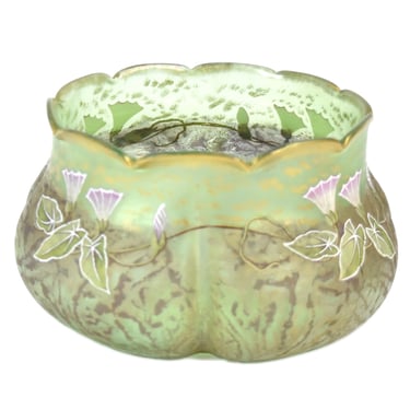 Art Nouveau Harrach Bohemian Irisdescent Ice Crackle Glass Vase Enamel Flowers 