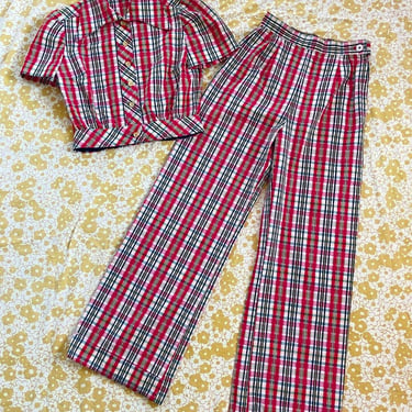 1960s red green yellow and white plaid cropped blouse and pants set, small/medium, holiday Christmas vintage 