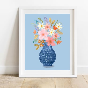 Wildflowers in Blue Floral Vase Art Print/ 8 X 10 Still Life Wall Decor/ Botanical Illustration 