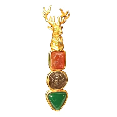 Stag Deer Pin with Carved Insets - Vintage Gold Carnelian and Glass Brooch 