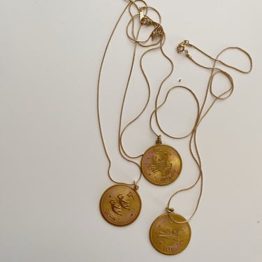 Vintage 1970s Rare Large Brass Zodiac Coin Disc Charm Necklace 