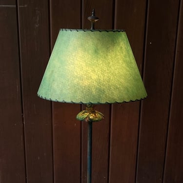 Early Electric Floor Lamp Vintage 1900s-1920 w/ Fiberglass Shade Double Socket Majolica Ceramic Crown 