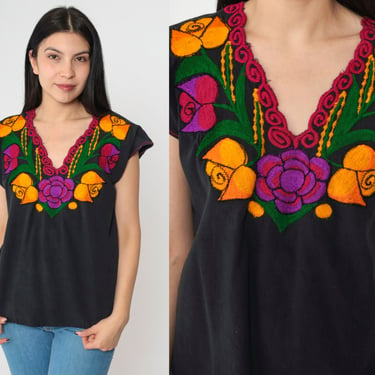Mexican Floral Blouse 90s Black Embroidered Top Peasant Hippie Short Sleeve Tent Shirt Summer Boho Festival Vintage 1990s Medium 