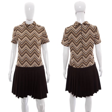 1960's Brown and Tan Chevron Dress Size M