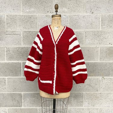 Vintage Cardigan Retro 1990s Hand Knitted + Bishop Sleeve + Red and White + Striped + Wool + Preppy + Womens Apparel 