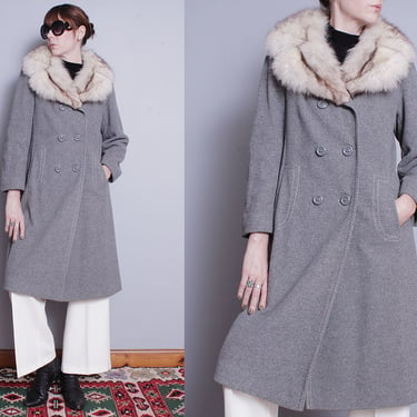Vintage 1970's | Gray | Wool | Fur | Collar | Overcoat | Coat | S/M 