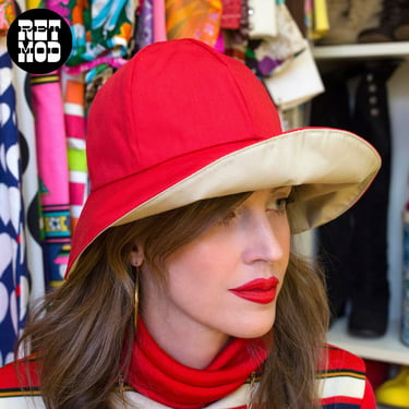 Cute Vintage 70s Red & Khaki Beige Reversible Sun Hat 