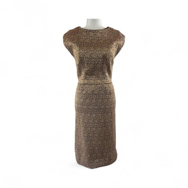 1970s Metallic Gold Floral Sheath Dress 