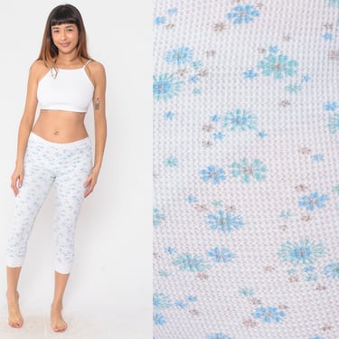 Floral Thermal Pants 80s Long Johns White Waffle Knit Capri Leggings Blue Flower Print Pajama Pants Winter Layering Vintage 1980s Medium M 