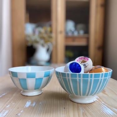 Beautiful set of 2 vintage French ironstone blue strips bowls- BSB2 