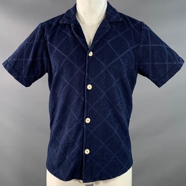 OAS Size M Navy Diamond Cotton Terry Camp Beach Cover Up Short Sleeve Shirt