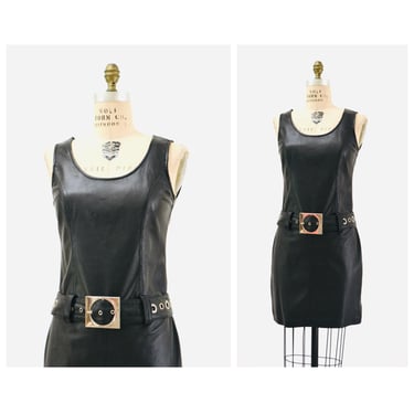 90s does 60s MOD Leather Dress black Small medium // 90s Black Leather Minimalist Dress Small Tank Party Dress with Chunky Belt 90s Party 