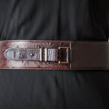brown corset belt | 90s y2k vintage Worth New York ostrich alligator leather statement waist belt 