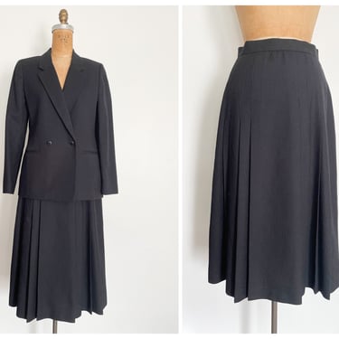 Vintage ‘80s black & blue pinstripe suit | double breasted blazer and pleated midi skirt, ladies S 