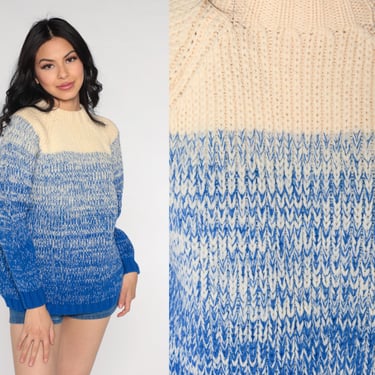 Space Dye Sweater 70s Ski Sweater Ombre Blue Cream Boho Knit Pullover 1970s Bohemian Hippie Vintage Raglan Sleeve Medium 