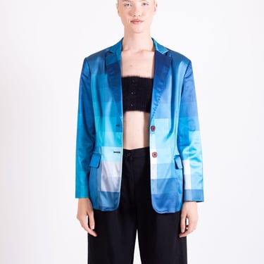 Vintage MOSCHINO Blue Checkered Satin Color Blocked Ombré Blazer seen on Fran in the Nanny sz S M Multicolor 90s Y2K Jeans 