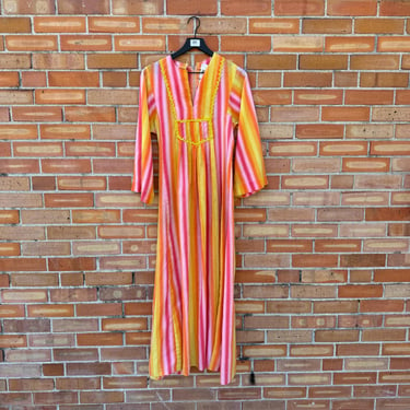 vintage 70s orange yellow striped kaftan / xs extra small 