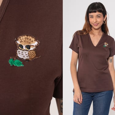 70s Owl Shirt Brown Animal Patch T Shirt Graphic Tee Retro Vintage 1970s V Neck Short Sleeve T Shirt Medium Large 