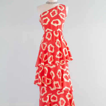 Fabulous Late 1970's Chloe by Karl Lagerfeld Coral Silk Tiered Maxi Dress / SM