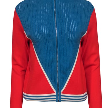 Sandro - Blue, Red &amp; Cream Colorblocked Zip-Up Sweater w/ Perforated Details Sz M