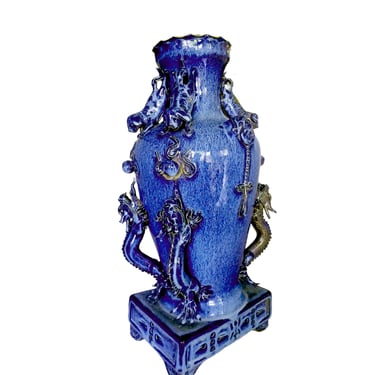 Late 20th Century Glazed High Relief Oriental Vase, Chinioserie Decor, Temple Dragon, Temple Dogs, Home Decor 