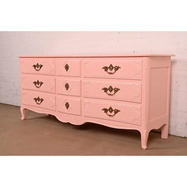 Baker Furniture French Provincial Louis XV Pink Lacquered Nine-Drawer Dresser, Newly Refinished