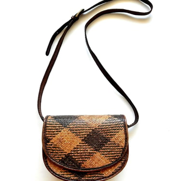 Vintage 90s Boho Straw Leather Crossbody Shoulder Bag Brown Tan Graphic 1990s Tribal Beach Purse 