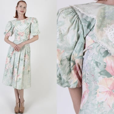 Vintage 80s Pastel Floral Dress / Summer Day Garden Party Outfit / Sexy Open Cut Out Back / Pale Romantic Full Skirt Midi 